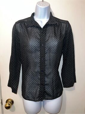 Black Polka Dot Button-Front Blouse with Collar